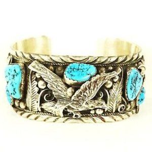 DINO American Sterling Silver Genuine Turqruoise Eagle Cuff Bracelet 132g